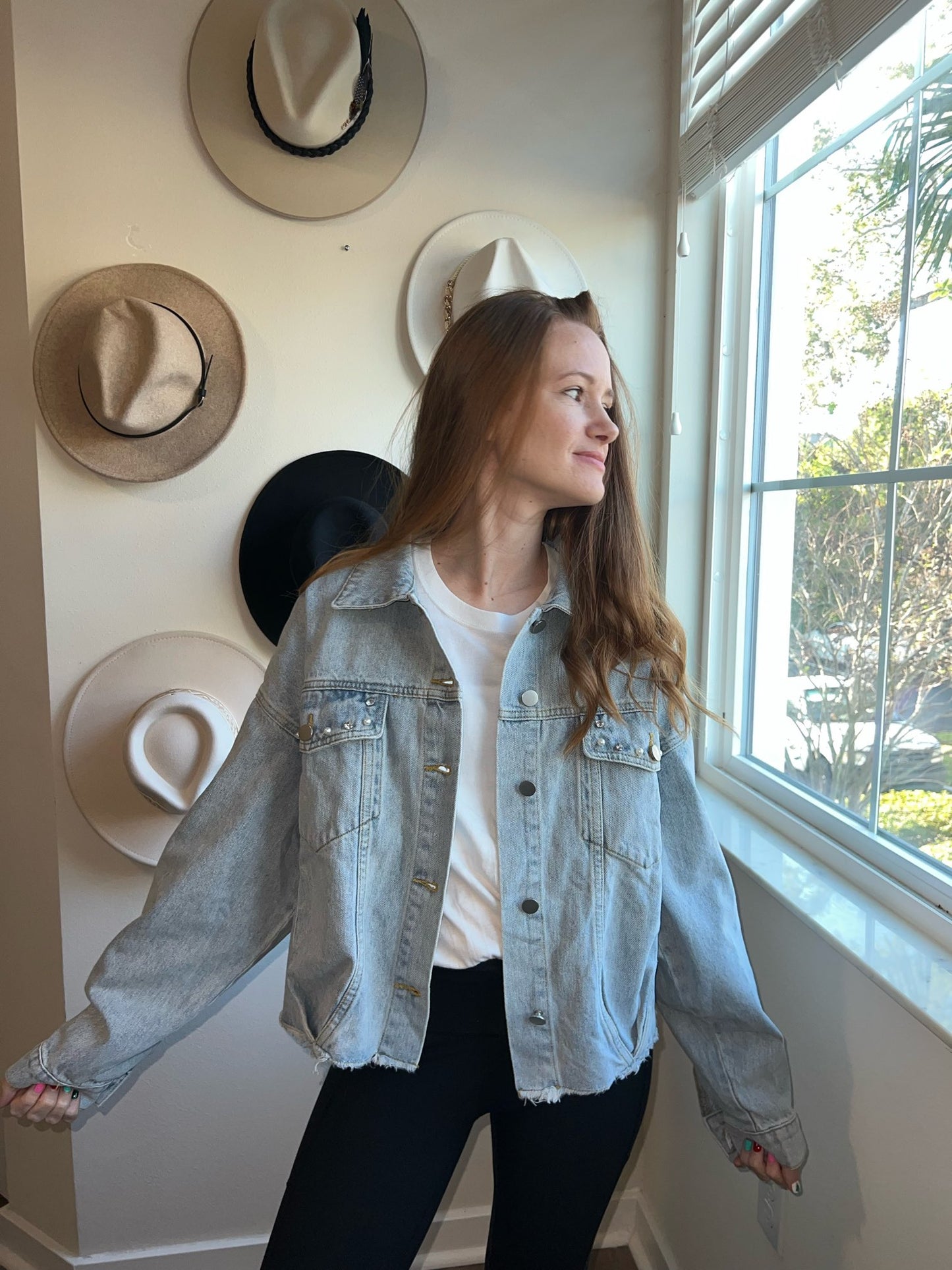 pearl and rhinestone denim jacket