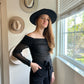 black sheer off the shoulder bodysuit