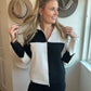 colorblock sweater, black and white sweater with zipper