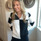 colorblock sweater, black and white sweater with zipper