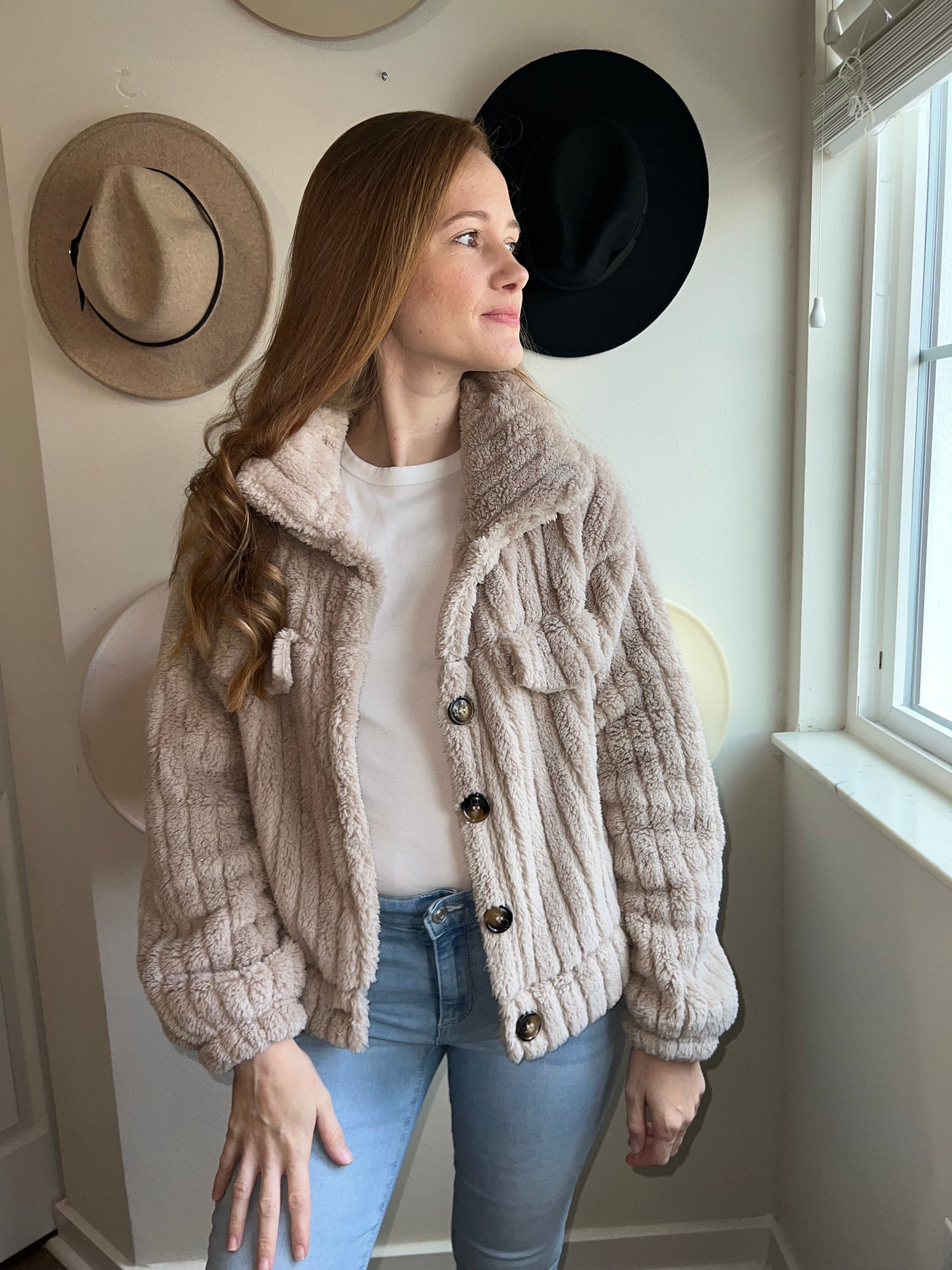 fuzzy oatmeal jacket with collar