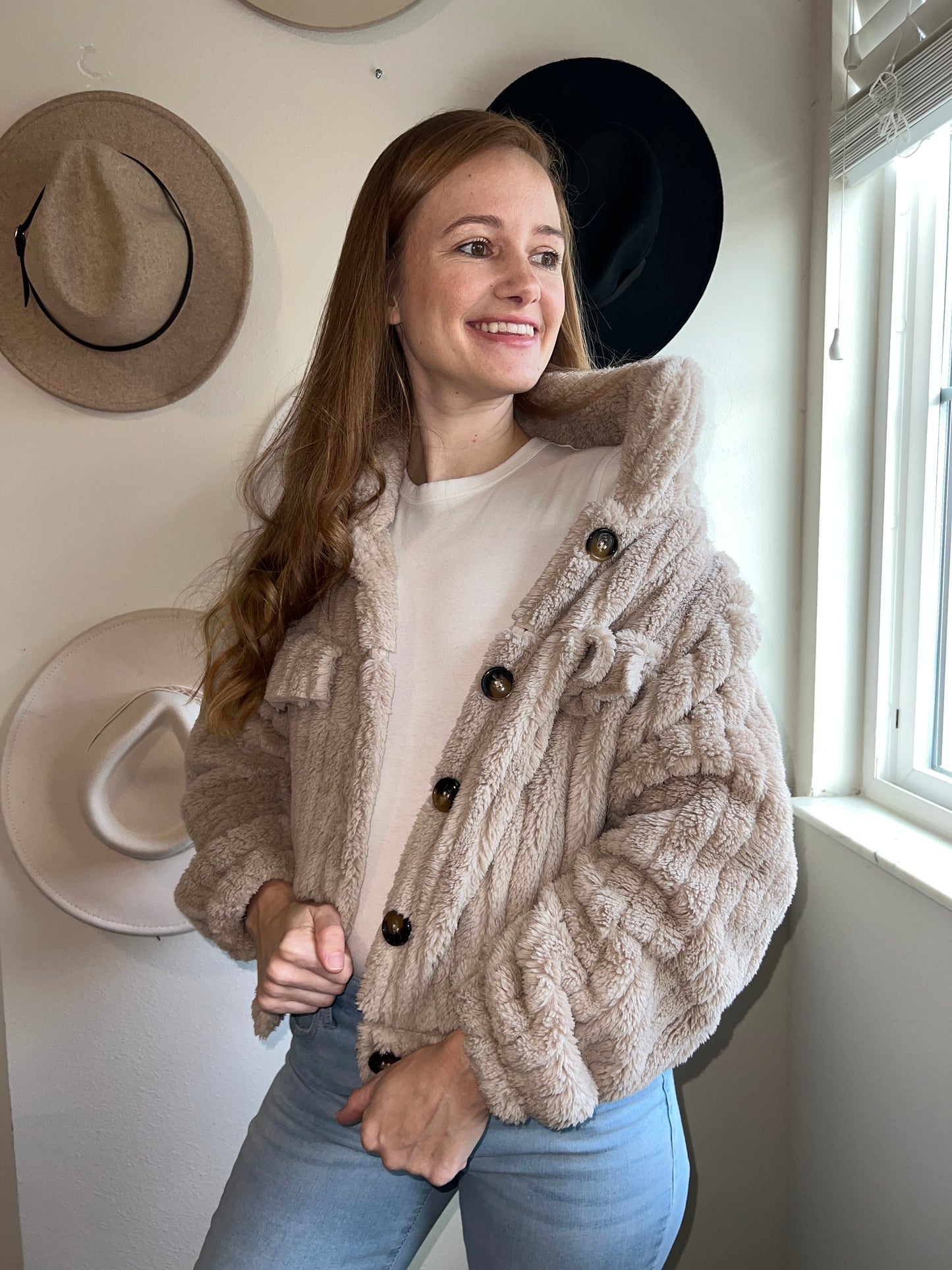 fuzzy oatmeal jacket with collar