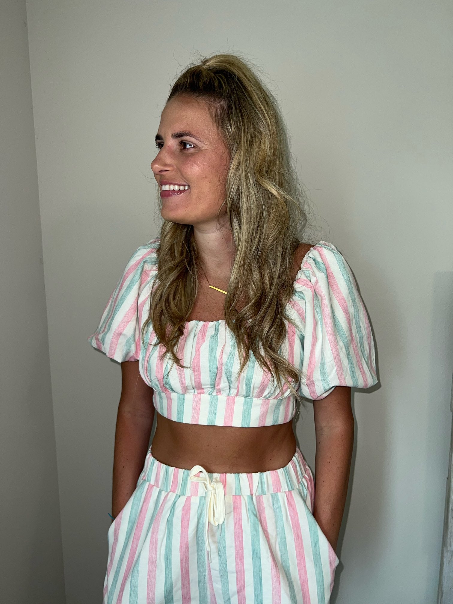 pastel striped linen blend crop top