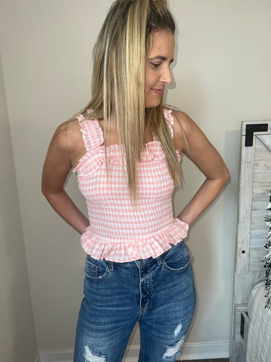 pink, smocked gingham crop top