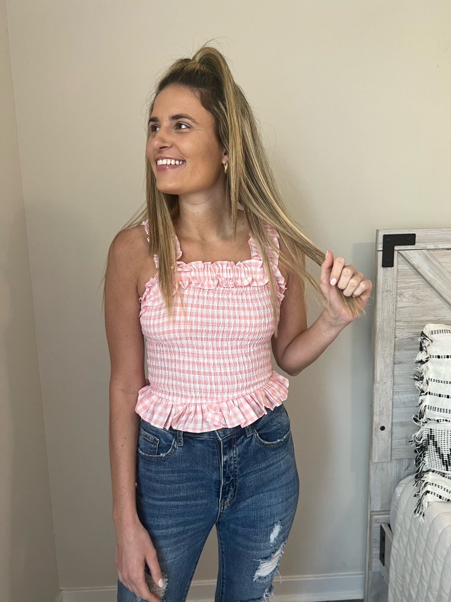 pink, smocked gingham crop top