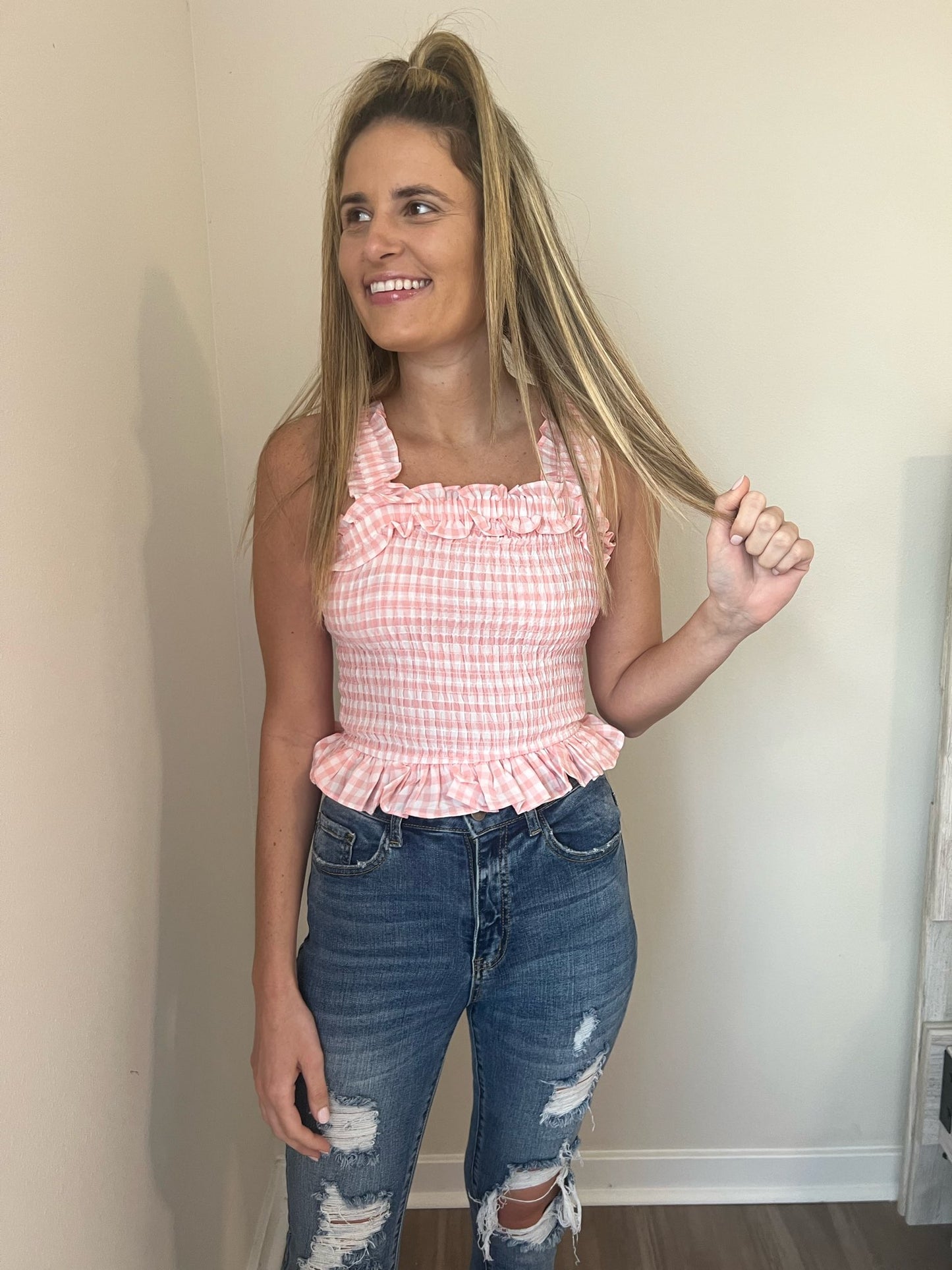 pink, smocked gingham crop top