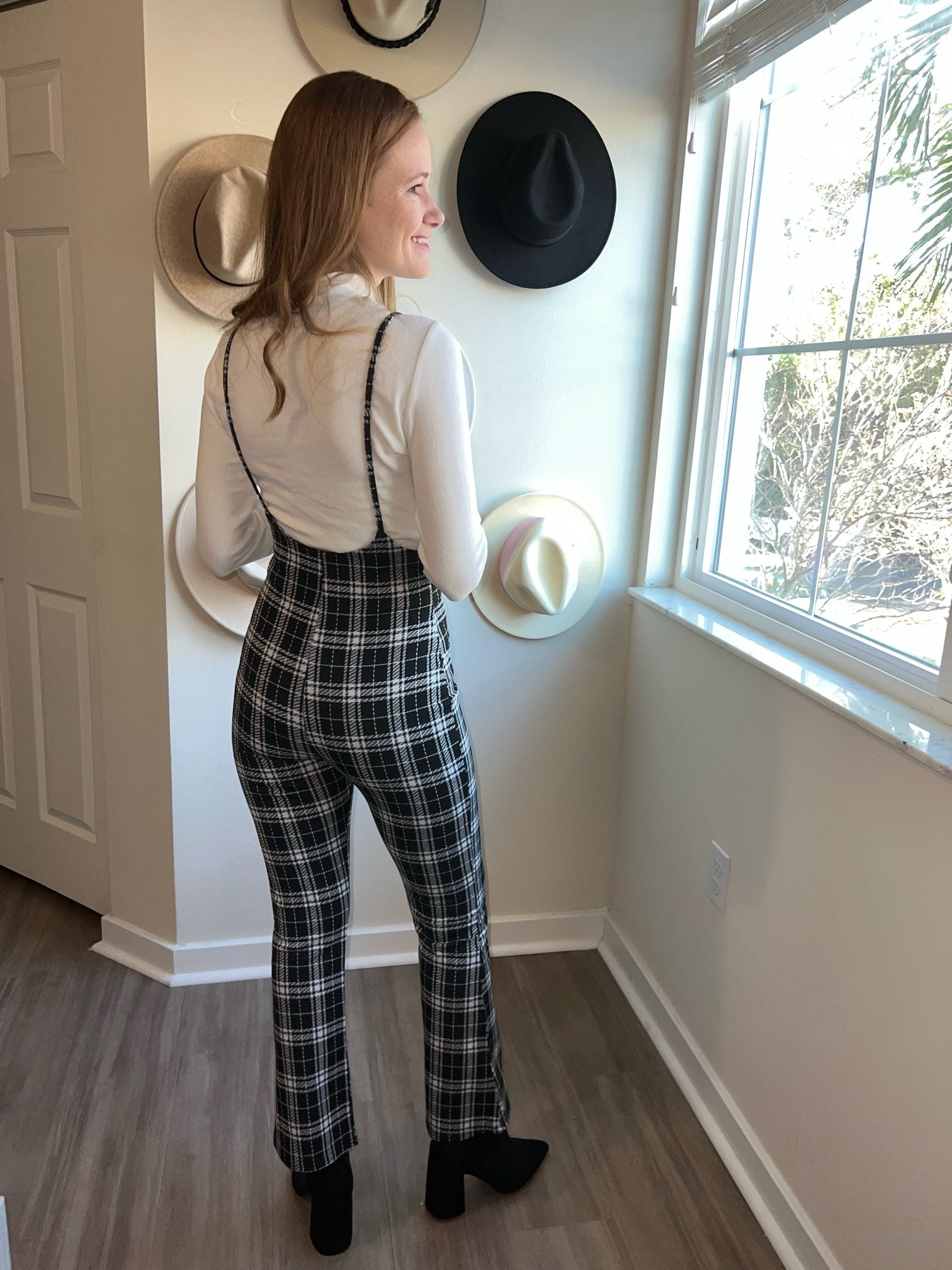 plaid jumpsuit with suspender straps