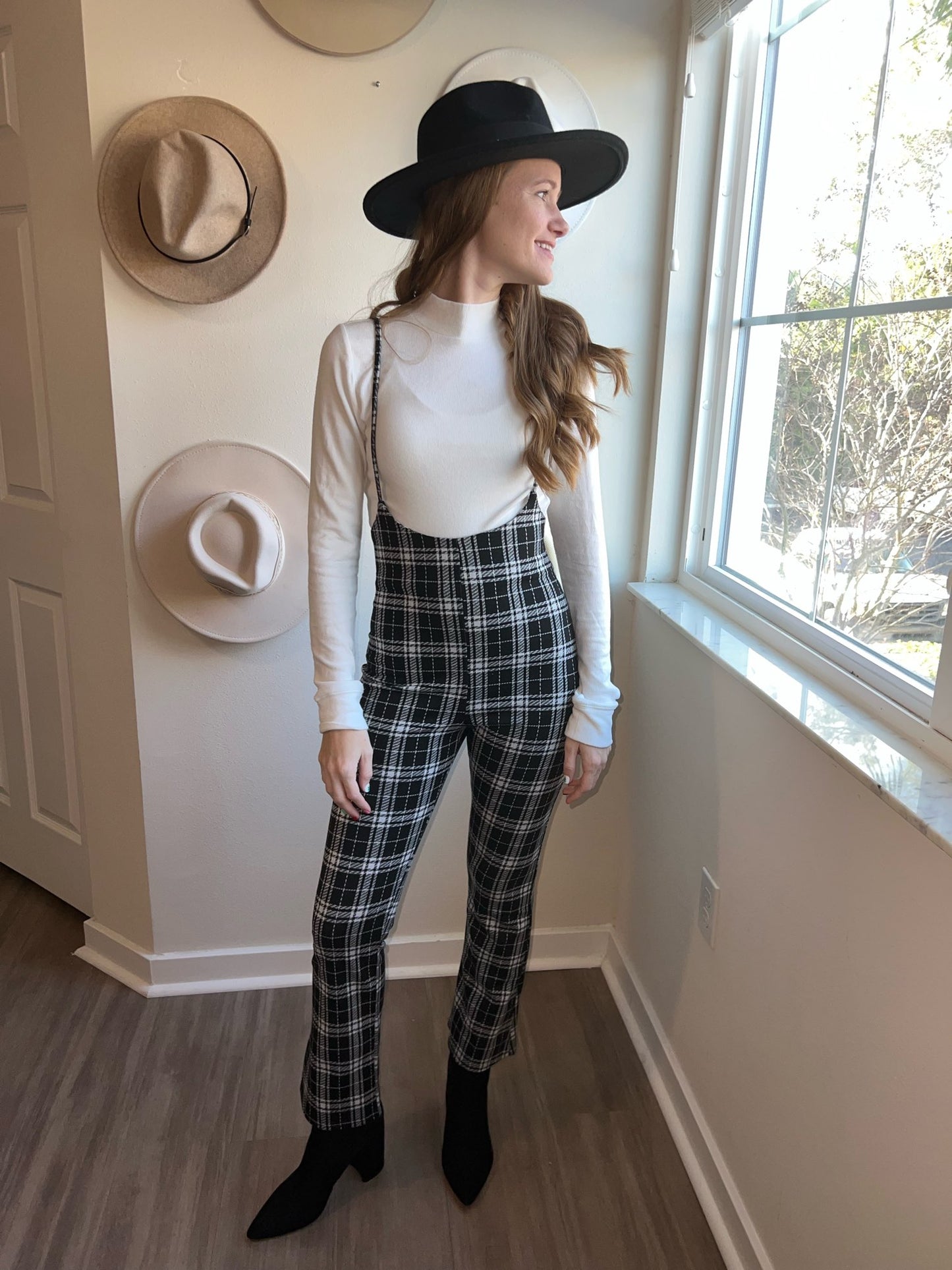 plaid jumpsuit with suspender straps