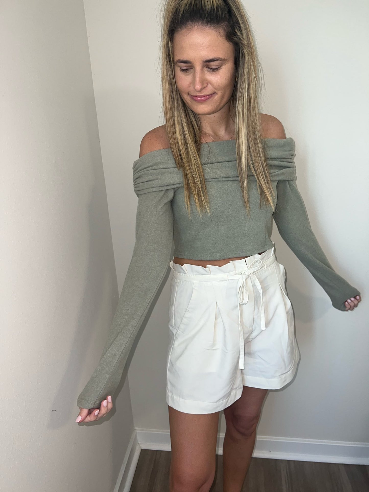 olive off the shoulder sweater