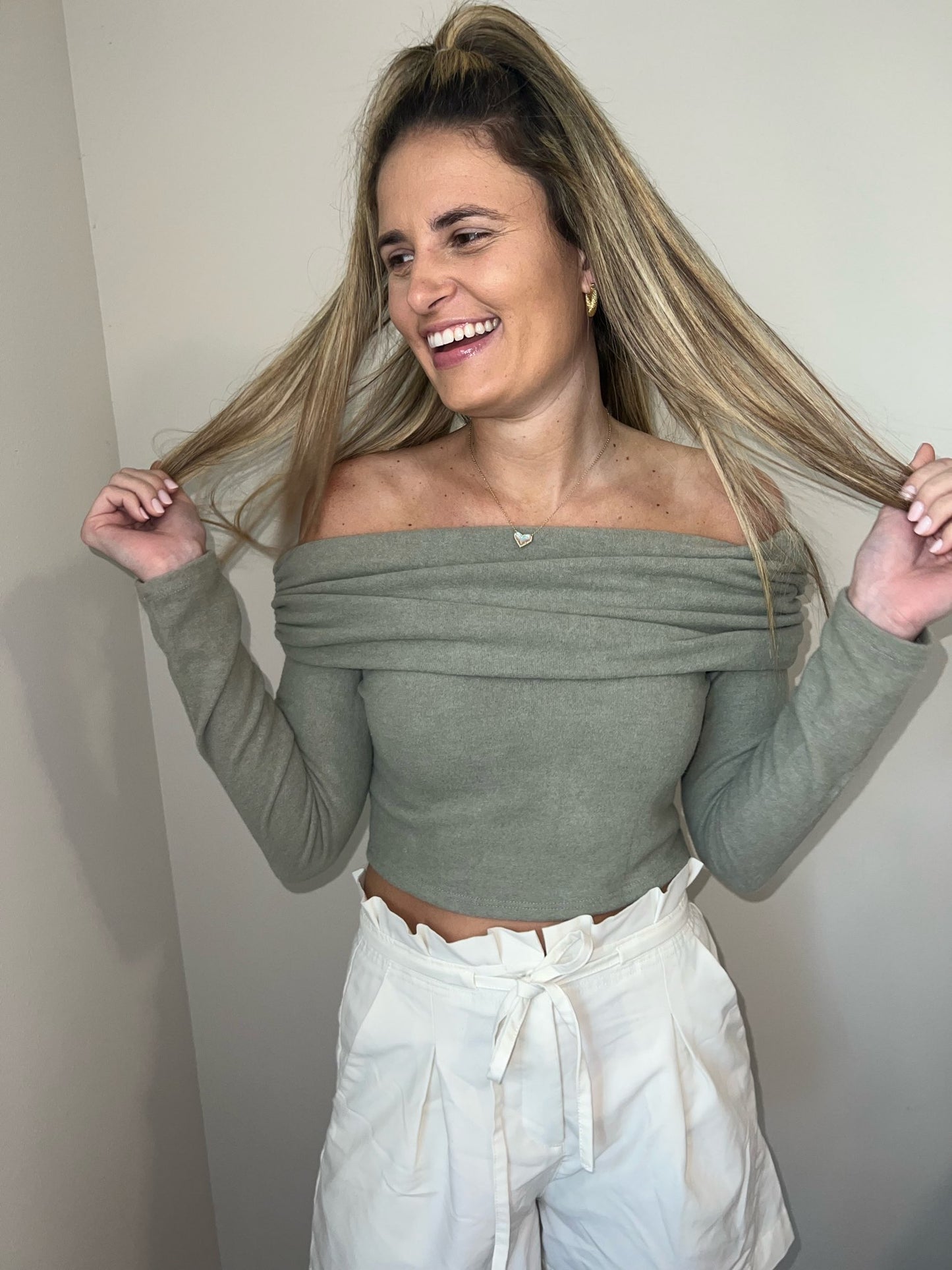 olive off the shoulder sweater