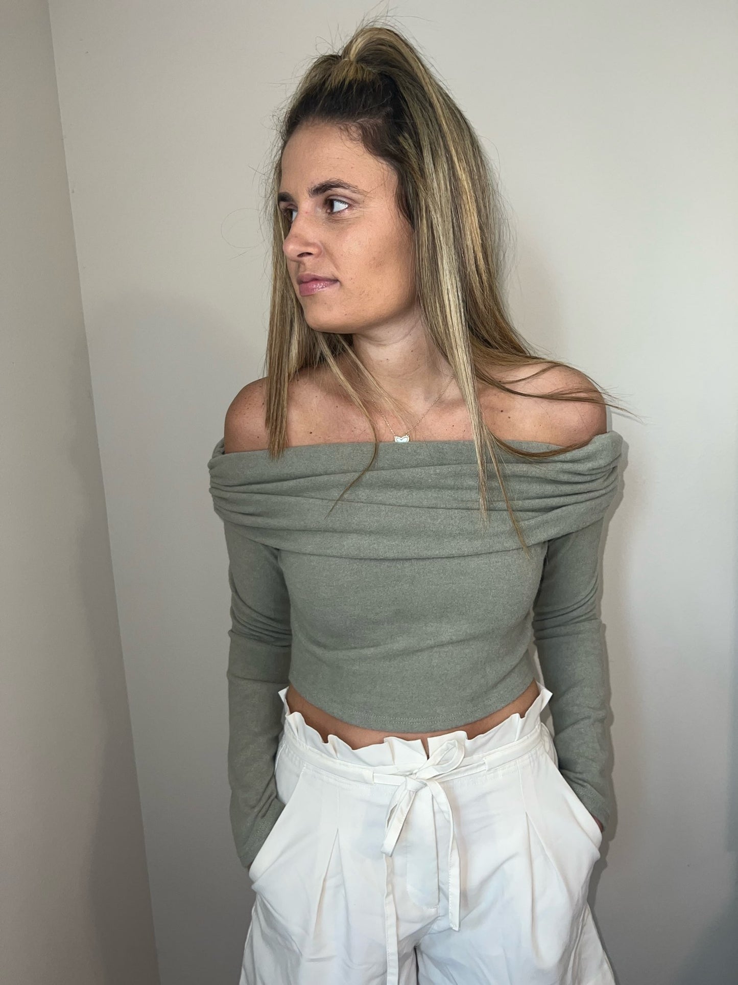 olive off the shoulder sweater