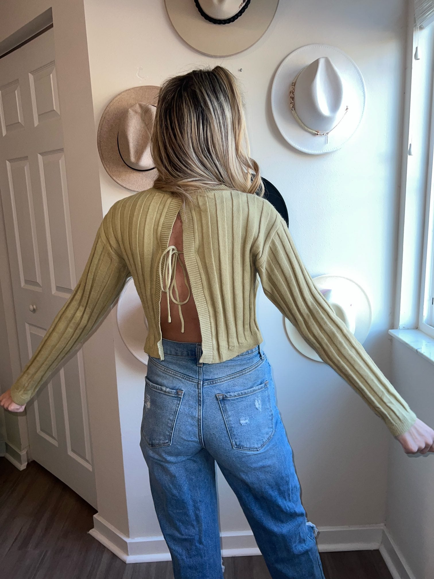 olive open back sweater