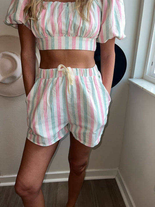 pastel striped linen blend shorts